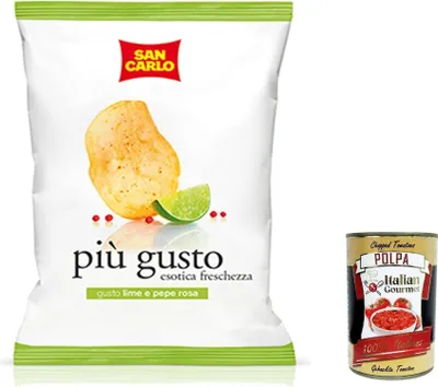 Produktbild von 10x San Carlo più gusto Limette & rosa Pfeffer Chips Kartoffelchips gesalzen 50g + Italian Gourmet polpa 400g