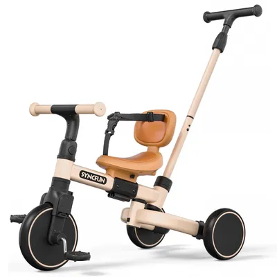 Image de Tricycle pour enfants 3-en-1 avec barre de poussée, couleur beige, pour les enfants de 3 à 12 ans