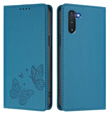 Produktbild von Lederhülle für Samsung Galaxy Note 10, Schmetterling Prägung Leder Brieftasche Schutzhülle mit Ständer Blau