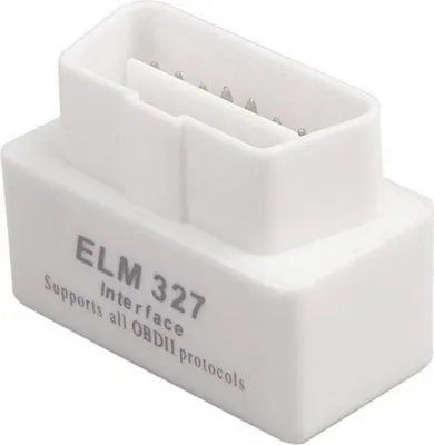 A white OBD II diagnostic tool with text printed on its side.