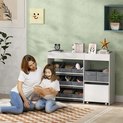 Produktbild von Sweiko Kinder-Aufbewahrungsregal, Spielzeugschrank für Kinder mit 11 Stoffboxen, oberen Fächern, Weiß