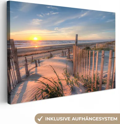 Produktbild von MuchoWow® - Leinwandbilder - Strand - Meer - Düne - Sonnenuntergang - Landschaft, Wandbild, Wanddeko Bilder Wohnzimmer, 60x40cm