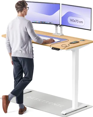 Zdjęcie produktu dla Desktronic HomePro biurko z elektryczną regulacją wysokości 140x70cm biały/dąb z funkcją pamięci, technologią antykolizyjną, portami ładowania USB-A i USB-C