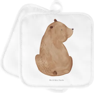Produktbild von Mr. & Mrs. Panda Topflappen Bär Schulterblick - Weiß - Geschenk, Selbstachtung, Set, Topflappenset, Weltansicht, topfhalter, Weisheit, Teddy, Bären, Kochlappen