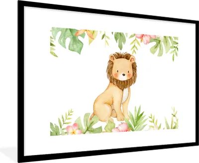 Produktbild von MuchoWow® MuchoWow® Gerahmtes Poster Löwe - Dschungel - Pflanzen - Blumen 90x60 cm - Poster mit zchwarzem Bilderrahmen - Wanddekoration - Fotos