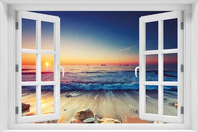 Produktbild von Wallario Poster mit Fenster-Illusion: Sonnenuntergang am Meer mit Wellen am Strand, Größe: 61 x 91,5 cm (Maxiposter)
