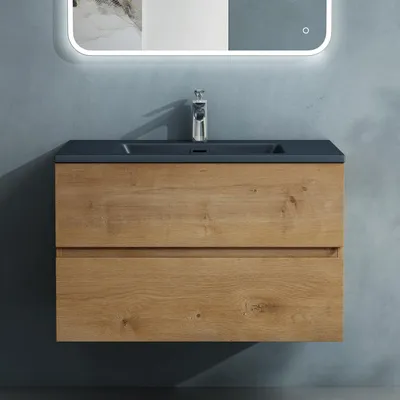 Image de doporro Meuble de Salle de Bain Suspendu Aspect de Chêne 80x48x50cm Ensemble de 2 Pièces Meuble avec Lavabo Gris Noir Mat Solid Surface Design Aqualis
