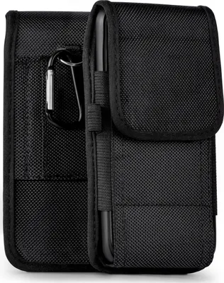 A black phone case with a carabiner clip is shown against a white background.