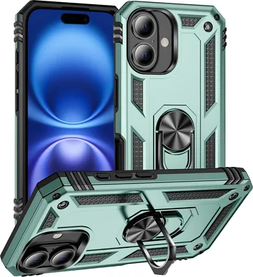 Produktbild von Schutzhülle für iPhone 17 Dual Layer Robust Militäre Fallschutz Hülle mit Ringhalterung Ständer Grün