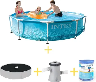 Produktbild von Intex Metal Frame Pool - Strandseite - 305 x 76 cm - Inklusive Solarsegel, Filterpumpe & Filter