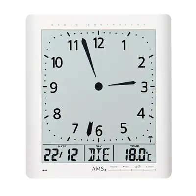 Image de Horloge murale radio AMS, mouvement radio avec affichage analogique de l'heure et affichage numérique de l'heure, de la date, du jour et de la température, 21x24x3cm, 5896
