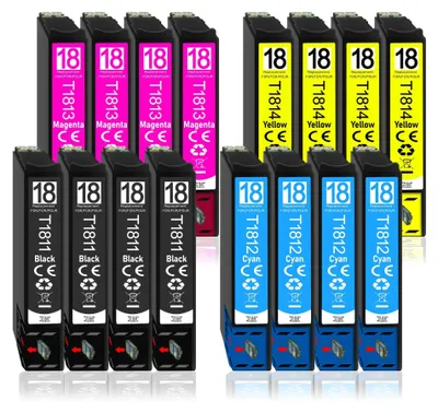 A collection of printer ink cartridges arranged in rows.
