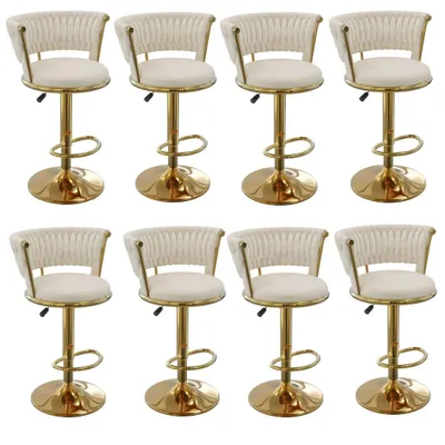 Produktbild von 8er Set Barhocker mit Samt 360° Drehstuhl Tresenhocker Küchenhocker höhenverstellbar mit vergoldeten Beinen Weiß gold