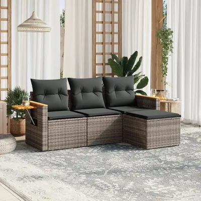 Produktbild von Design 4-tlg. Garten-Sofagarnitur mit Kissen Grau Poly Rattan, Gartenmöbel-Sets 2024 Neu