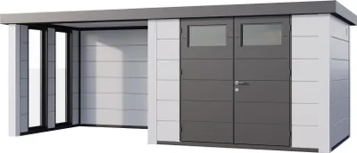 Produktbild von Telluria Metallgerätehaus Classico 3024 mit Lounge Anbau inkl. 2 Fenstern weiß/weiß Lounge-Anbau links