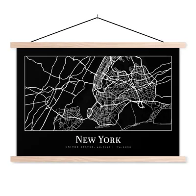 Produktbild von MuchoWow® Textilposter Karte - New York - Stadtplan - Karte 120x80 cm mit holzfarbenen Rahmen - Aufhängeset