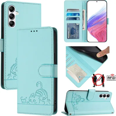 Produktbild von Leder Hülle für Samsung Galaxy A14 5G/4G Süße Katze Flip Case Brieftasche Schutzhülle mit Standfunktion hellgrün
