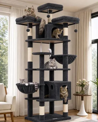 Produktbild von Kratzbaum XXL Große hoch 209 cm mit 3 Gepolsterte Sitzstangen, 2 Katzenhaus, 2 Korb, Groß Plattform, Katzenspielzeug, Katzenbaum Stabil für 3-5 Erwachsene Katze Innen (F82, Dunkelgrau)
