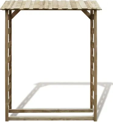A wooden firewood storage shed with a slatted roof, shown against a white background.