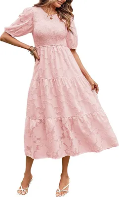 Image de ASKSA Femme Elégante Robe Manches Soufflées Moquetée Robe Dentelle Robe Midi Fluide, Rose, M