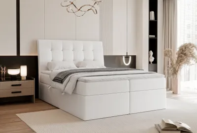 Produktbild von Kontinentalbett mit Matratze und Topper Boxspringbett BAILEY 200x200 cm Komplett-Set Doppelbett mit Bettkasten Polsterbett Weiß Madryt 920