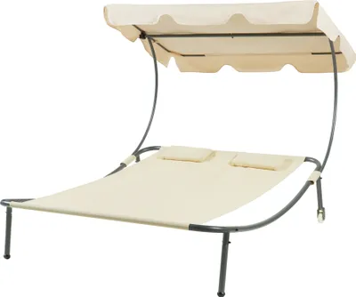 A double chaise lounge with a canopy, presented on a white background.