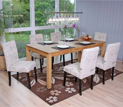 Image de lot de 6 chaises de salle à manger Chaise de cuisine Littau ~ textile avec inscription, crème, pieds foncés