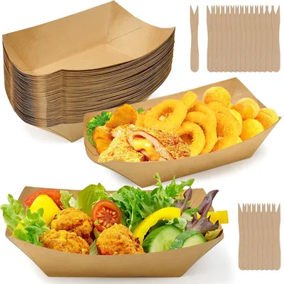 50 Kraftkarton-Trays mit 200 Holzgabeln, 16,7x12x4 cm