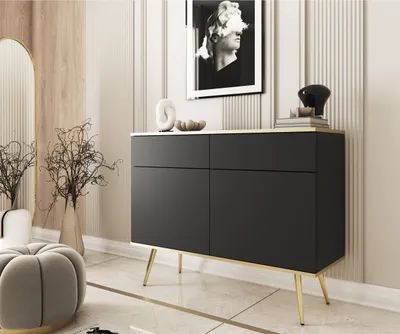 Produktbild von 2-türig Kommode Glow im glamour Stil Schrank mit Regalen und Schubladen modern Sideboard mit goldenen Zusätzen, Farbe: Schwarz, Gold