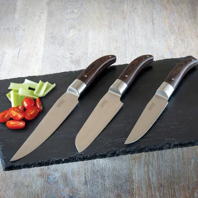 3-teiliges Kochmesserset, Pakkaholzgriff, Edelstahl