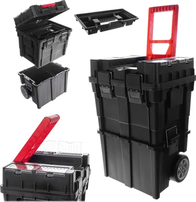A collage of different views of a black tool box with red accents, including a wheeled version and a smaller organizer.
