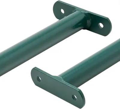 Two green metal bars with mounting plates, isolated on a white background.