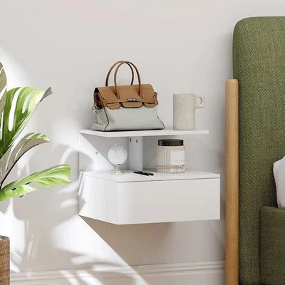Image de Table de chevet murale suspendue avec compartiment rabattable, MDF, 40 x 34 x 31 cm, blanc