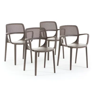 Immagine prodotto di Set di 4 sedie con braccioli in resina rinforzata in fibra di vetro, design classico, impilabili per giardino, bar, ristorante, cucina - Erika - Taupe