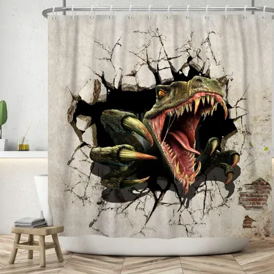 Produktbild von Duschvorhang - Mit Dinosaurier-Motiv - Für Badewanne und Dusche - 180x180 cm - Inklusive 12 Haken