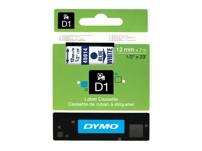 Zdjęcie produktu dla DYMO D1 oryginalne etykiety | niebieski nadruk na białym | 12 mm x 7 m | samoprzylepne etykiety do drukarek etykiet LabelManager, Niebieski na białym, Poliester, Belgia, -18 - 90 °C, DYMO, LabelManager, LabelWriter 450 DUO