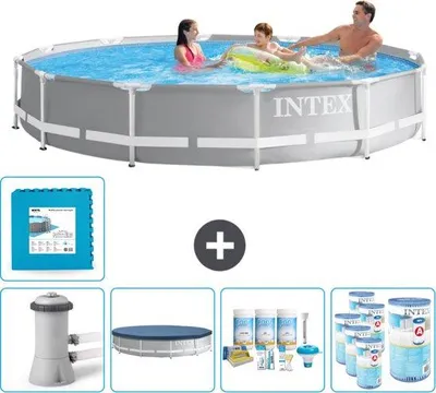 Produktbild von Glas Rundbecken - 366 x 76 cm - Grau - Mit Pumpe Abdeckung - Pflegepaket - Filter - Bodenfliesen