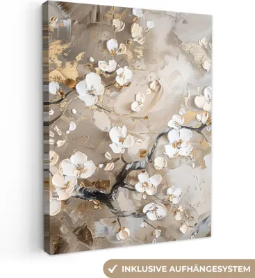 Produktbild von Wandbilder wohnzimmer 60x80 cm - Abstrakt und Modern - Beige - Gold, Leinwand Bilder, Wanddeko, Gemälde