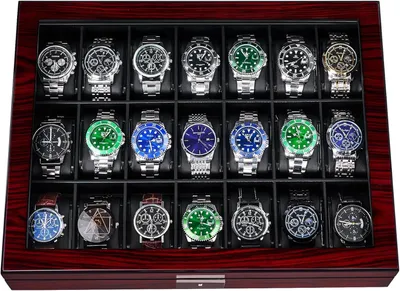 Produktbild von Uhrenbox mit 21 Fächern, Herren-Uhrenetui, Uhrenbox mit großem Glasdeckel, Uhrenvitrine, abschließbarer Uhrenorganizer, r Uhrenhalter als Geschenk JWB004Y