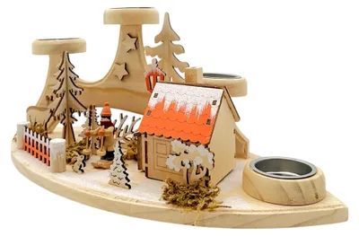 Produktbild von Adventskranz Teelichthalter Waldhütte mit Räucherhaus und Räuchermännchen aus Holz