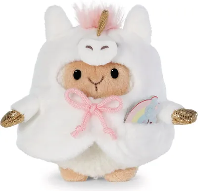 A plush toy of a sheep wearing a unicorn costume.