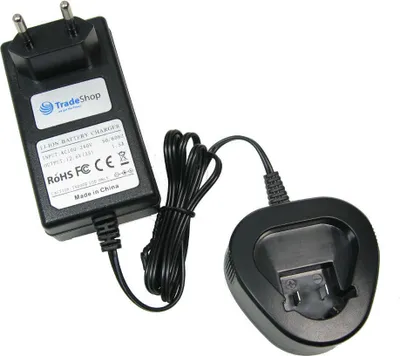 A black AC adapter and charging cradle for a lithium-ion battery, shown against a white background.