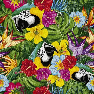 Obrázok produktu pre OUTDOOR DEKOSTOFFE OXFORD - Motív papagája Macaw v kvetoch