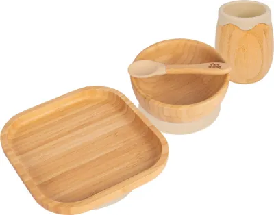 Produktbild von 4pc Beige Quadrat Bambus Saugen Baby-Fütterungsset - Kleinkind Entwöhnung Futternapf aus Silikon mit Festem Sitz Teller Löffel Tasse Komplettes Starter-Kit - Von Tiny Dining