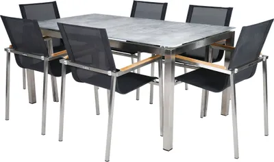 A 7-piece outdoor dining set with a rectangular table and six chairs, presented on a white background.