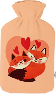 Produktbild von Wärmflasche mit Pullover Bezug 2 Liter Bettflasche mit schönen Fleece-Druck Bezug Gummi Wärmflasche mit Deckel Weiß Füchse Love  [092]