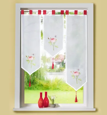 Produktbild von Heimtexland ® Scheibengardine Set 3-tlg Lamellen Gardine Voile Rosen Bestickt Rot Typ672