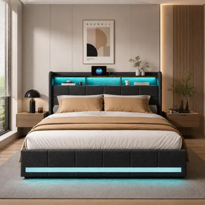 Produktbild von INONEFT Polsterbett 140x200 cm mit LED Beleuchtung und USB Anschlüsse, Einzelbett Jugendbett mit 4 Schubladen und 3 Ablagefächer, Leinen, Grau, KI-generiertes Bild
