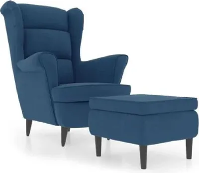 Image de vidaXL Fauteuil à oreilles avec tabouret bleu velours