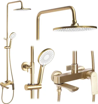 A collage of different parts of a gold shower set.